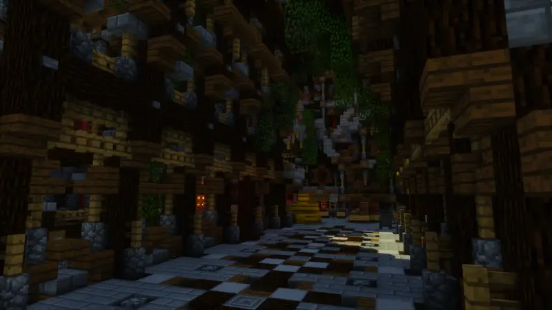 A dim, vine-hung timber corridor with a chequered stone floor