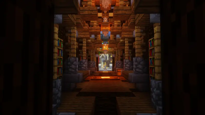 A long library hall lit by hanging lanterns