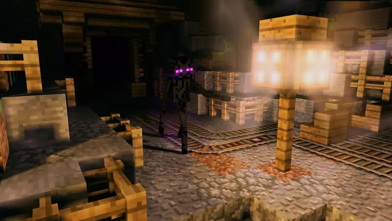 A lantern-lit mineshaft with an enderman standing on the rails
