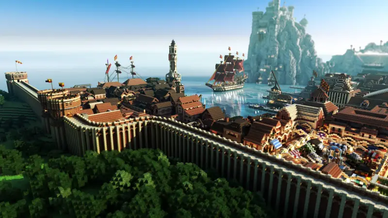 A walled harbour town with tiled roofs and a ship at anchor